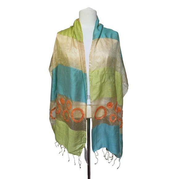 Rising Tide Handcrafted Sheer Scarf With Burnout Velvet Circles & Wide Colorful